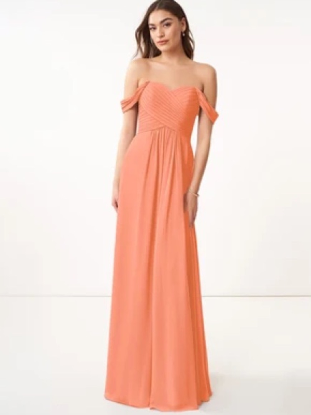 Azazie Off-Shoulder Coral Bridesmaid dress, Sunset